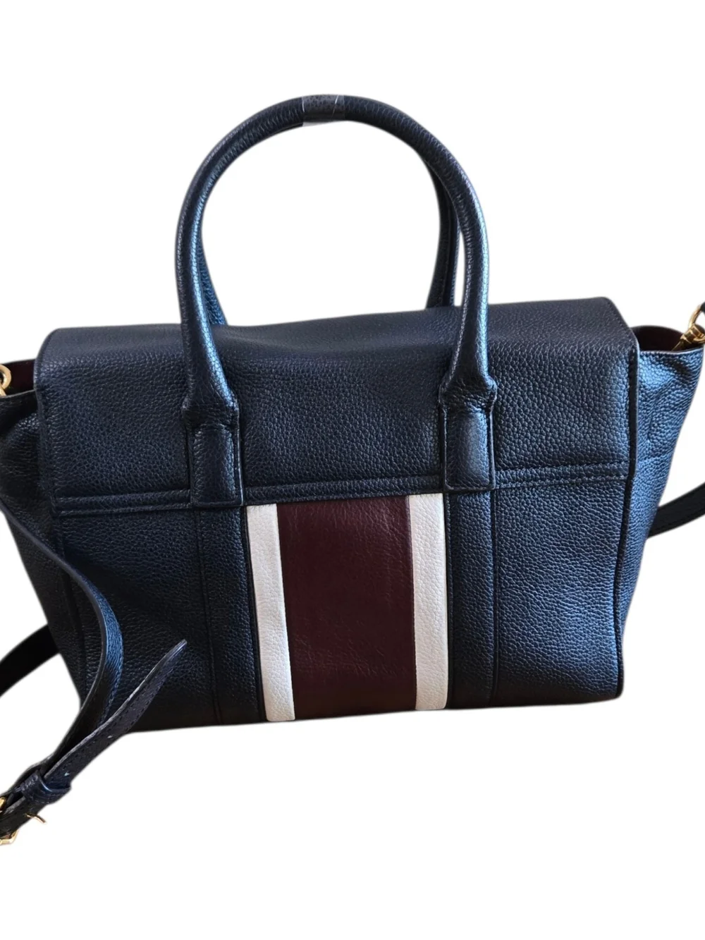 Mulberry Navy Leather Satchel with Burgundy and White Center Stripe